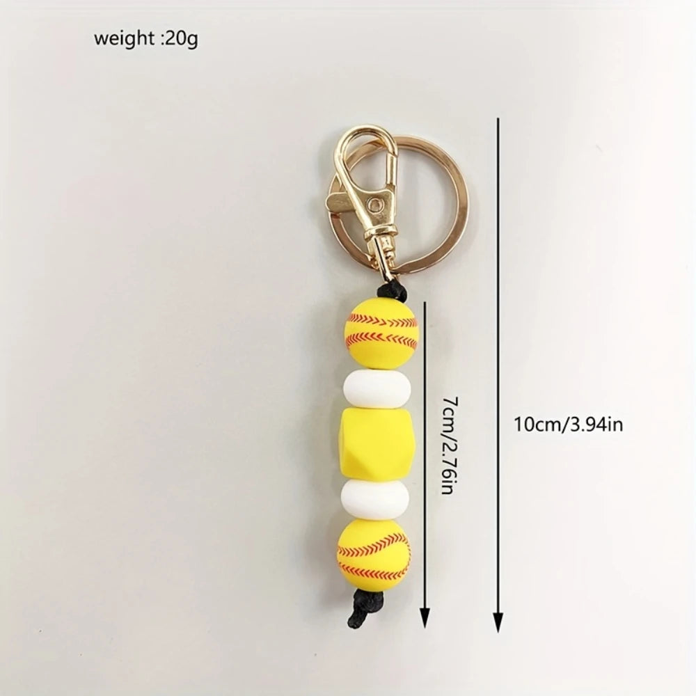 LOFCA Basketball Football Silicone Beaded Keychain Handmade Wood Beads Keychain Charm Backpack  Pendant  Accessories Keyring