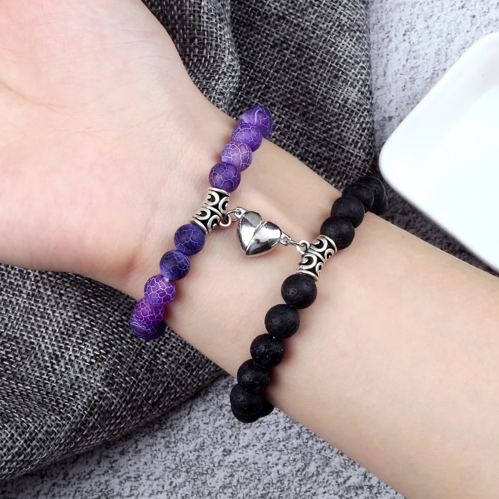 Hemasa 2pcs/set Heart Magnetic Stone Beads Stretchable  Bracelets