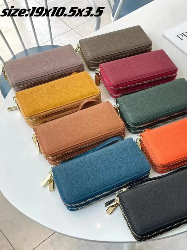 Hemasa Leather Womens Wallet Cow Leather Double Zip Clutch Bag Business Casual Long Purse Female Multi Card Holder Wallet