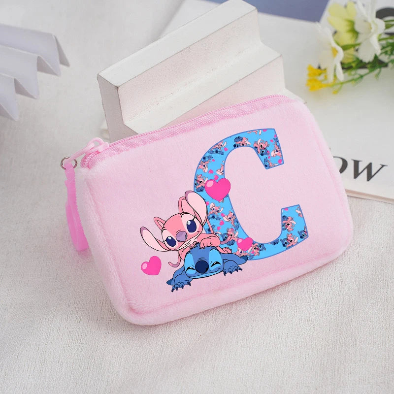 Disney Stitch Plush Coin Purse Cute Anime Cartoon A-Z Letter Stich Printed Wallet Kawaii Girls Earphone Storage Zipper Bag Gifts