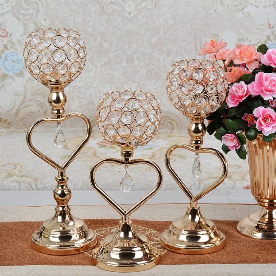 Hemasa Golden Crystal Candle Holder Dwarf Tealight Candle Holders/Iron Heart Candlestick/ Small Vintage Candlestick Set for Table