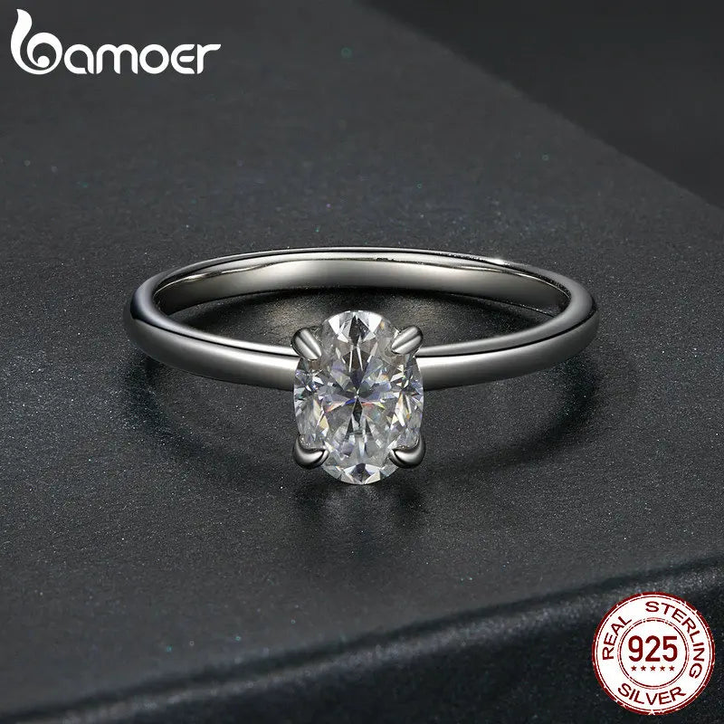 BAMOER Solitaire Moissanite Engagement Ring, 1CT D Color 925 Sterling Silver with 18K White Gold Plated Ring Gift for Women