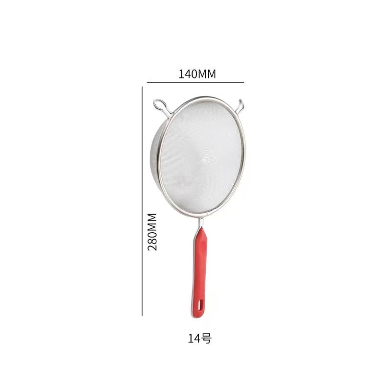 10 Sizes 201 Stainless Steel Strainer Colander Fine Mesh Oil Skimmer PP Red Handle Food Noodles Flour Sieve Frying Scoop