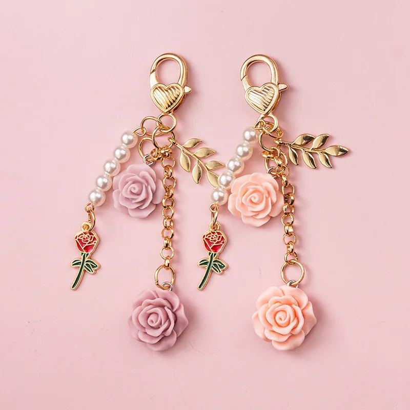 Fashion Imitation Pearl Flower Keychain Cute Sakura Rose Plush Ball Keyring for Women Girls Car Handbag Phone Pendant Accessorie