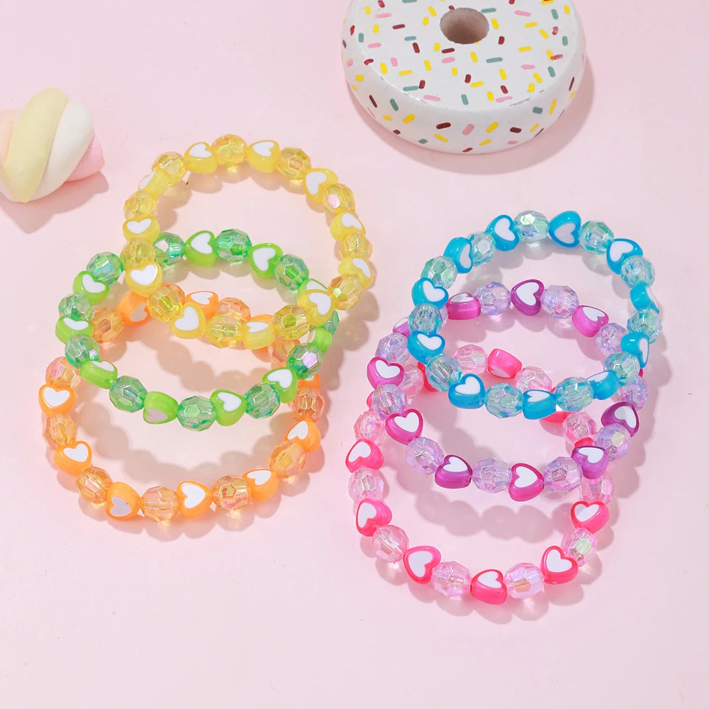 6Pcs/set Handmade Colorful Heart Beads Elastic Bracelet for Daughter Girls Friendship Party Birthday Jewelry Gifts