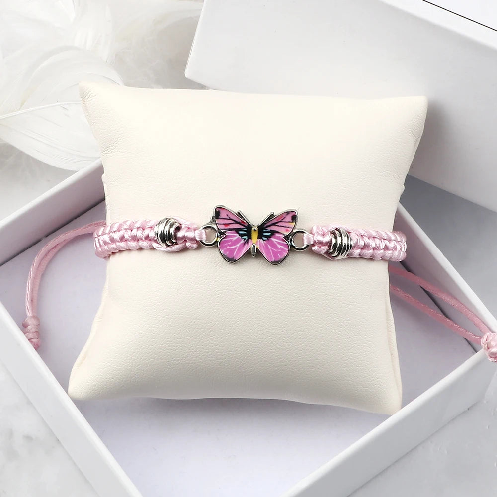 Women Pink Butterfly Pendant Bracelets Female Black White String Rope Braided Bracelet Bracelet Handmade Adjustable Jewelry Gift