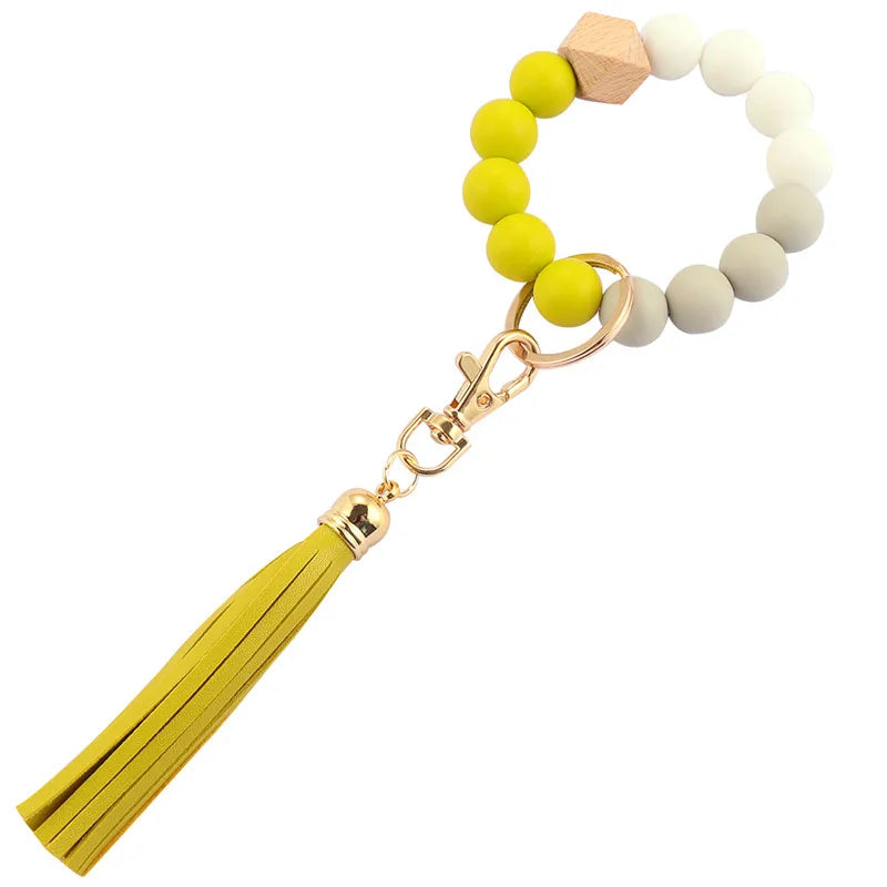 Hemasa  Silicone Wood Beads Keychain Keyring For Women Wristlet Bracelet Pendant Keychain With Jewelry Accessories