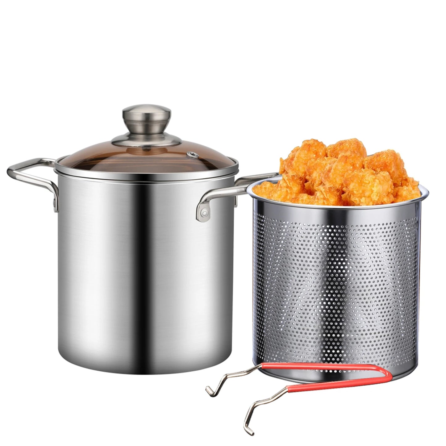 Tejesa Deep Fryer Pot Stainless Steel Fry Pot With Strainer and Lid Kitchen French Fries Chicken Cooking Tools Steaming Pot Fryer Pan
