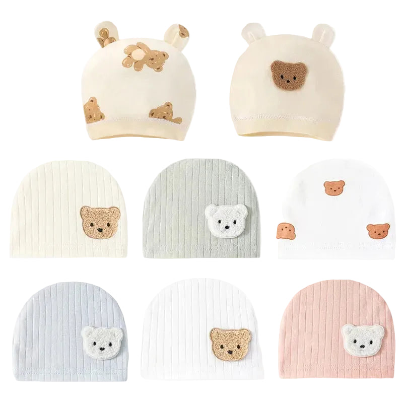 Tejesa 3Pcs Soft Infant Beanies Caps/ Baby Hats /Cartoon Bear Boneless Muslin Hat