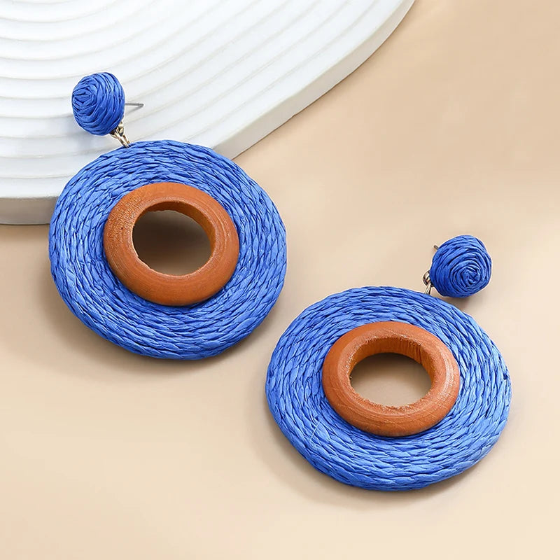 Hemasa Long Drop Raffia Wood Dangle Post Earrings For Women/ Multi Color Trendy New Style Fashion Jewelry