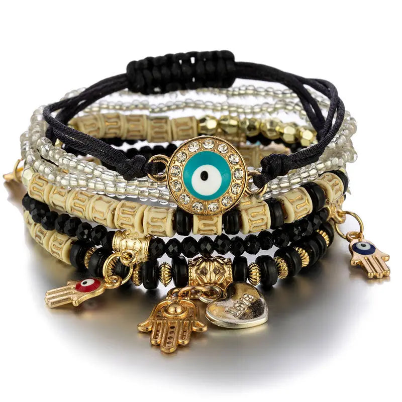 Bohemia Multilayer Elastic Weave Bracelet Set For Women Turkish Evil Eye Lucky Blue Eyes Beads Bracelets Female Charm Jewelry