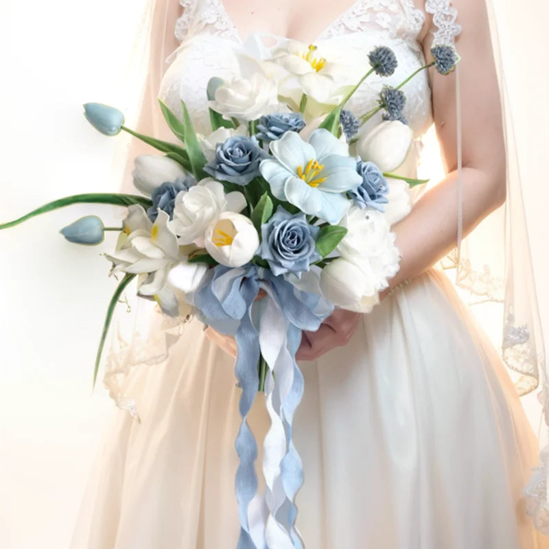 Tejesa  white Colour Handmade Artificial  Flowers  Wedding Bouquet for Bride / Bridal Bouquet for Boho Wedding Ceremony Decor
