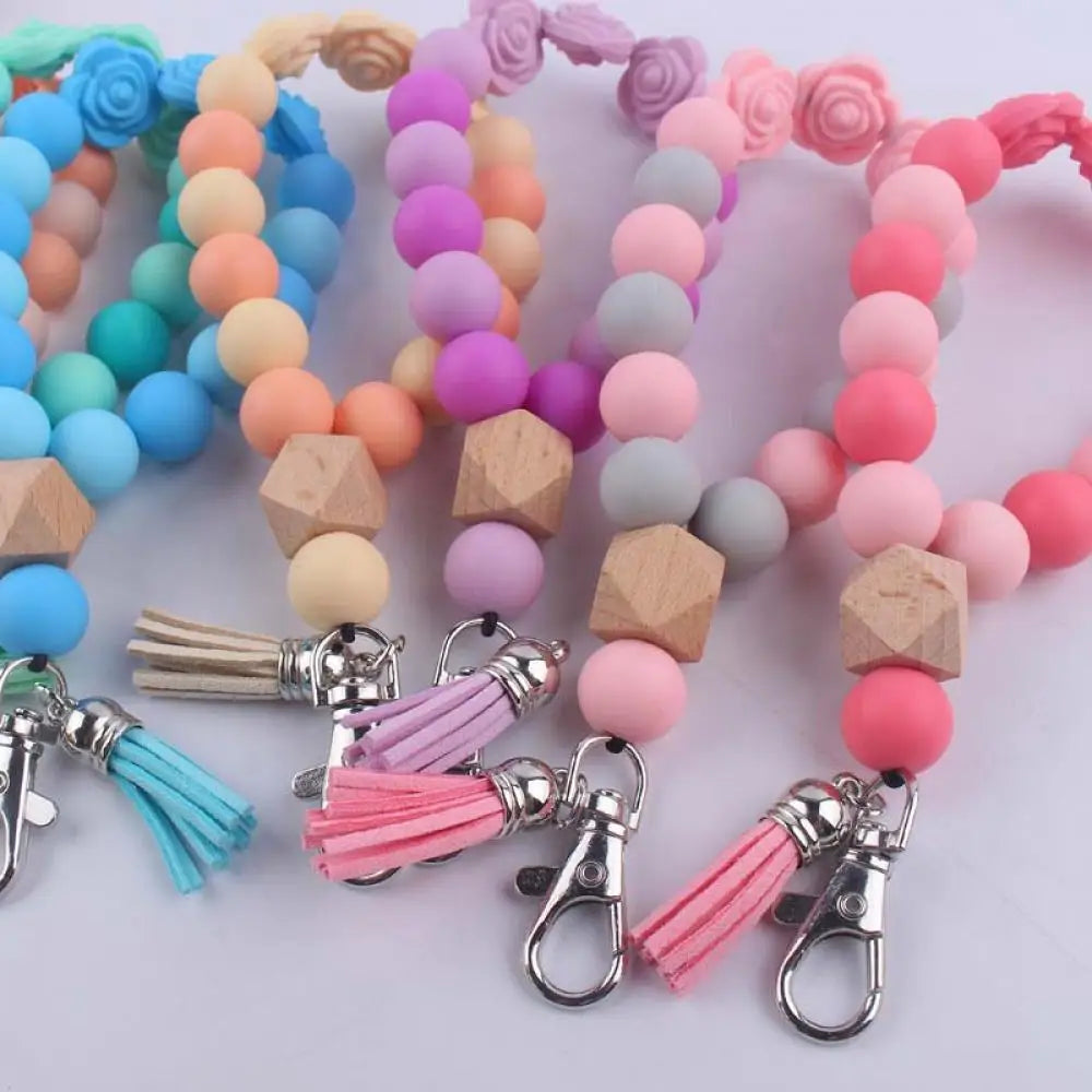 Fashion Silicone Keychain Food Grade Teether Round Bead Keyring Tassel Bracelet Pendant Keychain For Women Lobster Clasp Keyring