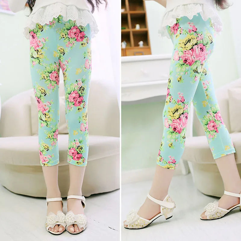 Hemasa 3-10years Girls Cropped Trousers Floral Print Flower Kids Calf Length Skinny Pants Stretch Leggings Children All-matches Bottoms