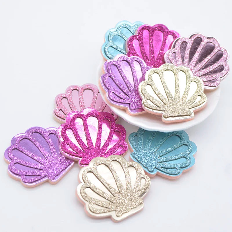 10Pcs 40*40mm Glitter PU Shell Padded Appliques for DIY Craft Cake Topper & Baby Headwear Clip Bow Accessories Decor Patches