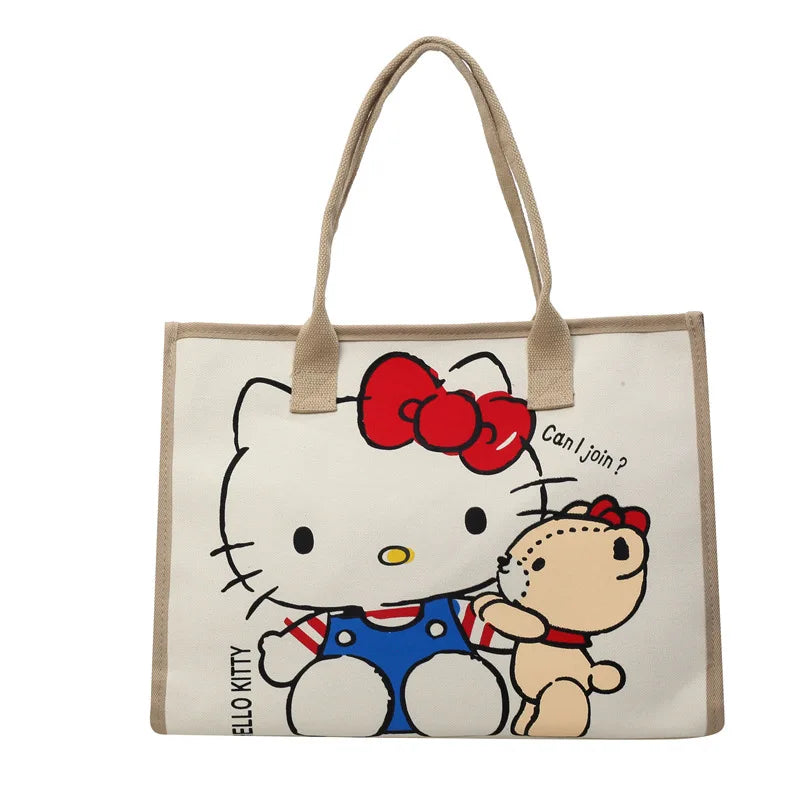 Hemasa Hello Kitty Canvas Bag  Tote Bag Shoulder Storage makeup  Pouch Anime Handbag Travel Shopping Bag Kid Schoolbag Girl Gift