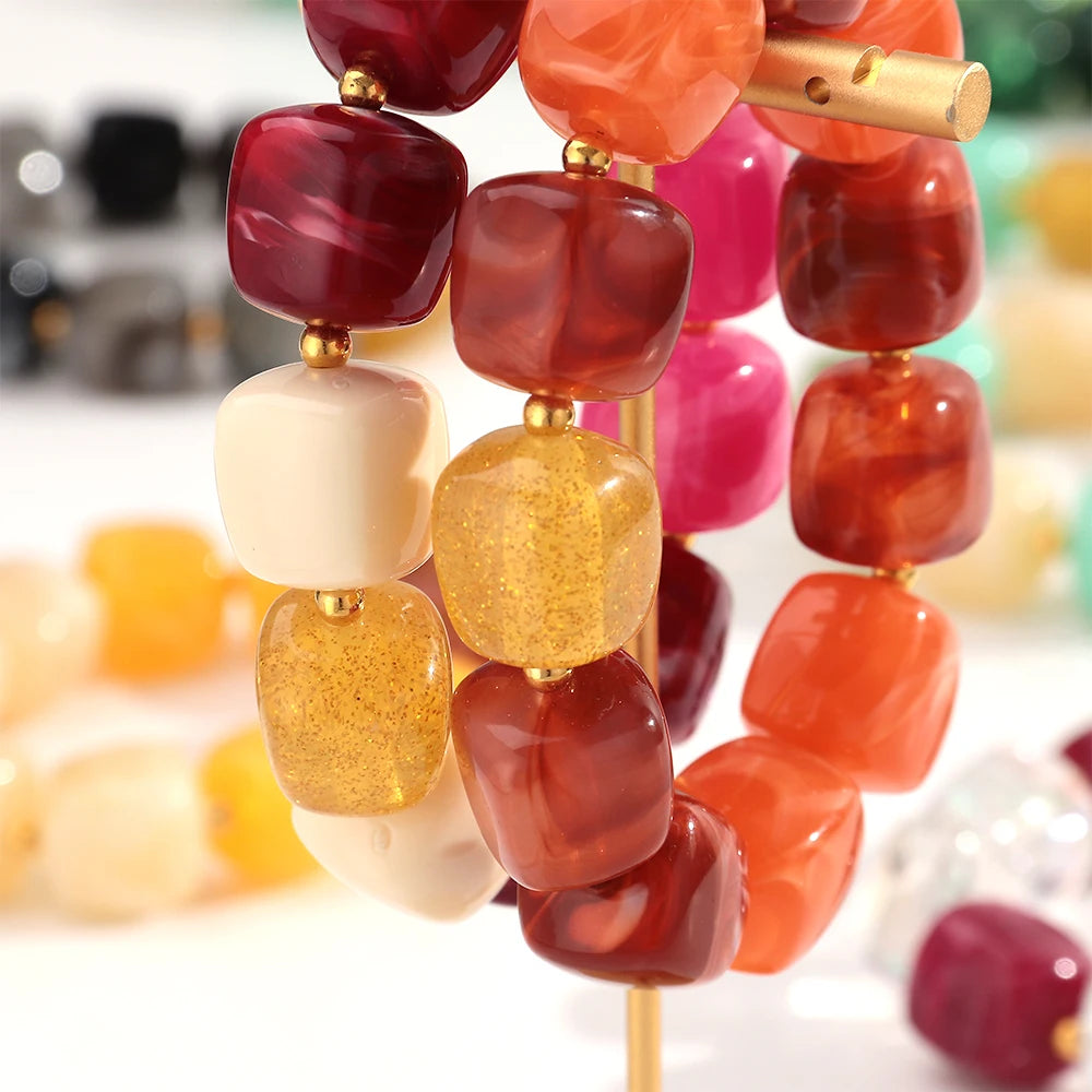 New Multicolor Acrylic Geometric Bead Bracelet for Women Trendy Resin Irregular Square Elastic Bracelets Handmade Jewelry Gift