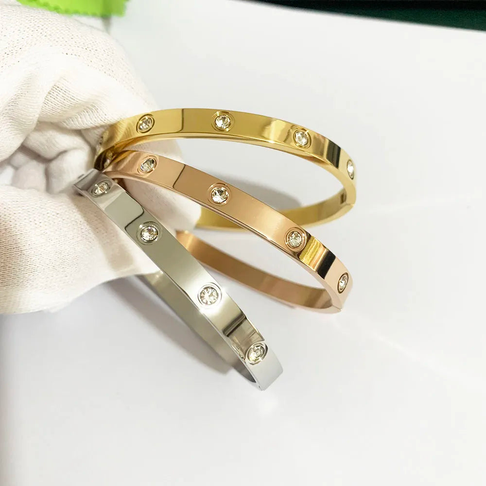 Gold Plating Lover Bracelets&Bangles for Women Rose Gold Color Luxury Stainless Steel Charming CZ Cuff Bracele