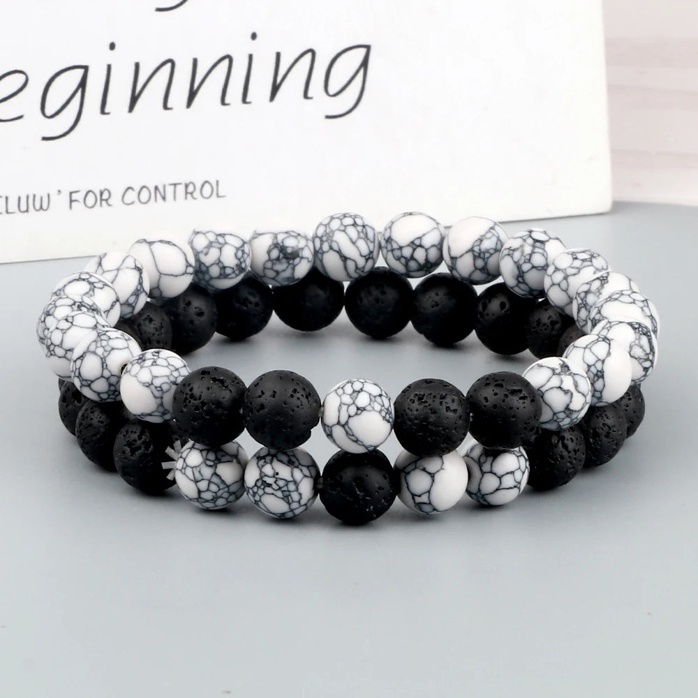 Hemasa 2pcs Couple Distance Lava Rock Beaded Bracelet Natural Stone Malachite Hematite Strand Bracelet Yoga Bangles Lover Wrist Jewelry