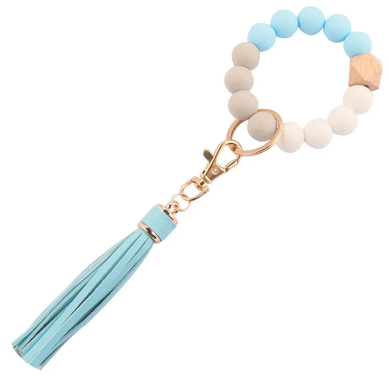 Hemasa  Silicone Wood Beads Keychain Keyring For Women Wristlet Bracelet Pendant Keychain With Jewelry Accessories