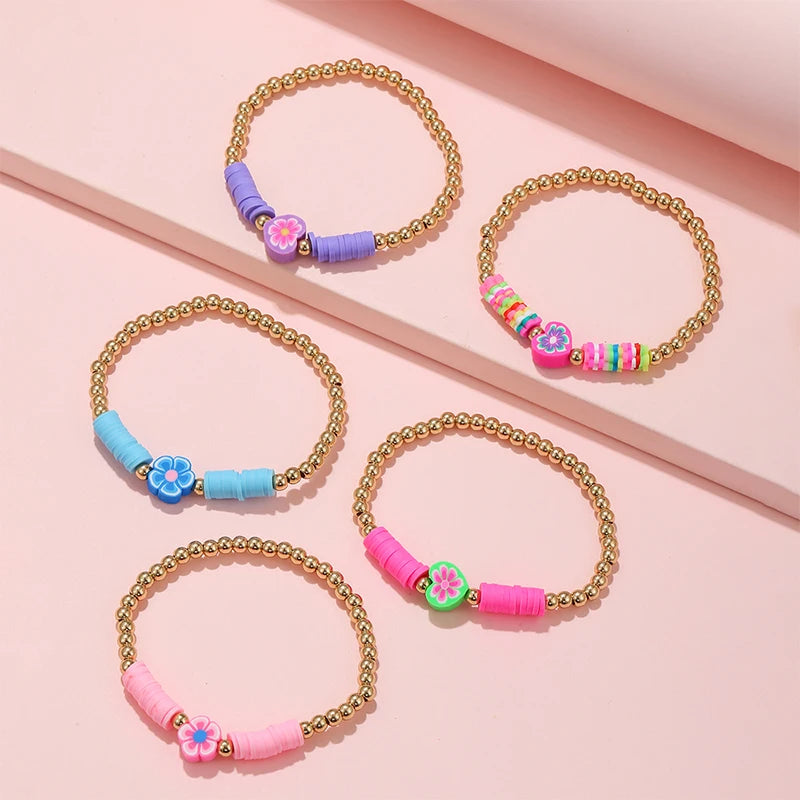 Hemasa 5Pcs/set Handmade Flower Heart Shape Polymer Clay Beads Bracelets  for  Girls