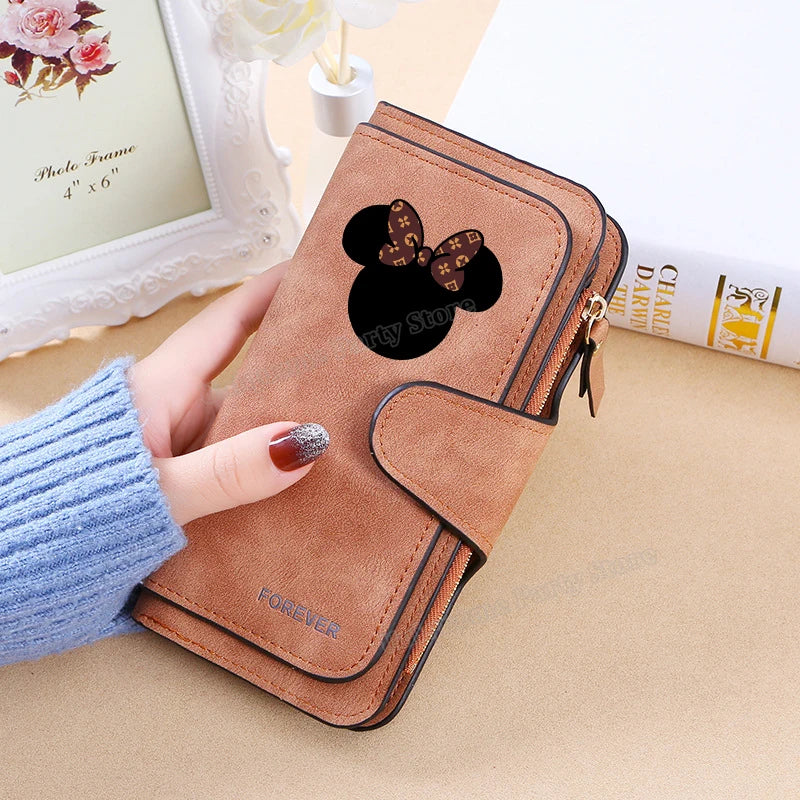 Mickey Minnie Mouse Pu Leather Wallet Women Zipper Frosted Coin Purse Ladies Credit ID Card Holder Disney Versatile Long Wallet