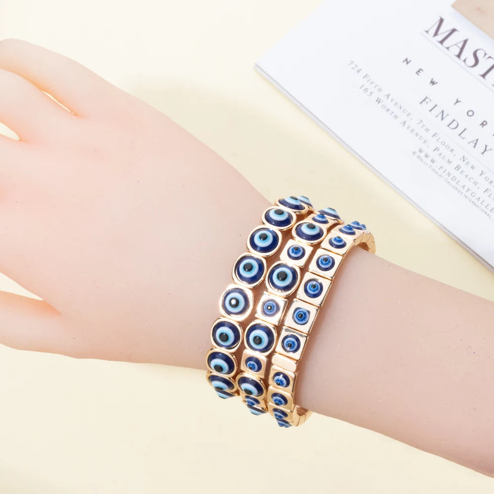 2024 New Fashion Devil Eye Bangle For Women Inlaid Charm Gold Color Elastic Bracelets Accessory