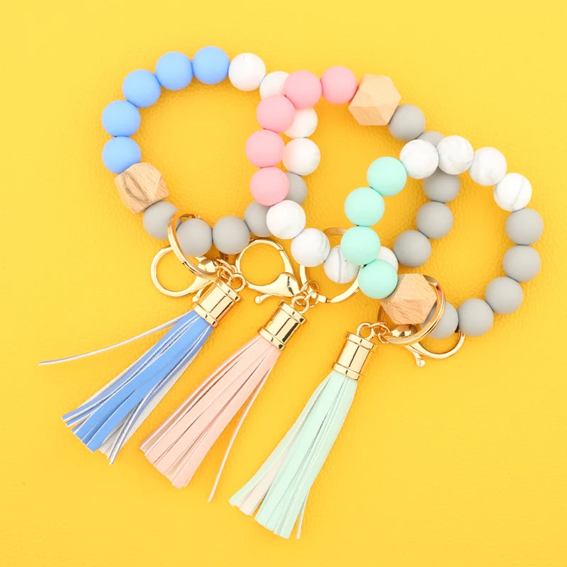 Hemasa Silicone Beads Elastic Bangle Bracelet Keychain Women's bracelet gift Leather Tassel Silicone Beads Bracelet Wristlet Keychain