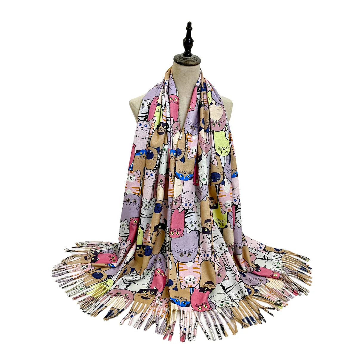 Hot selling fashion imitation cashmere animal cartoon cat oil painting style digital printing soft and warm tassel women's scarf