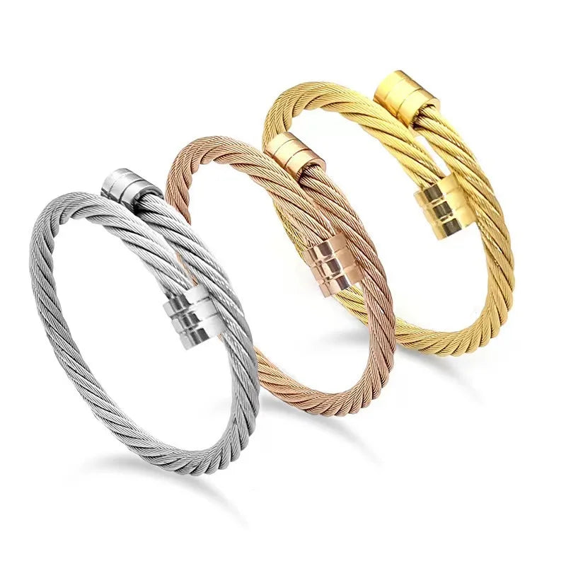 YUZZ 2023 New Popular Twist Wire Cuff Bracelets Stretch Stainless Steel Cable Bangles for Women Men Gold Color Punk Jewelry Gift