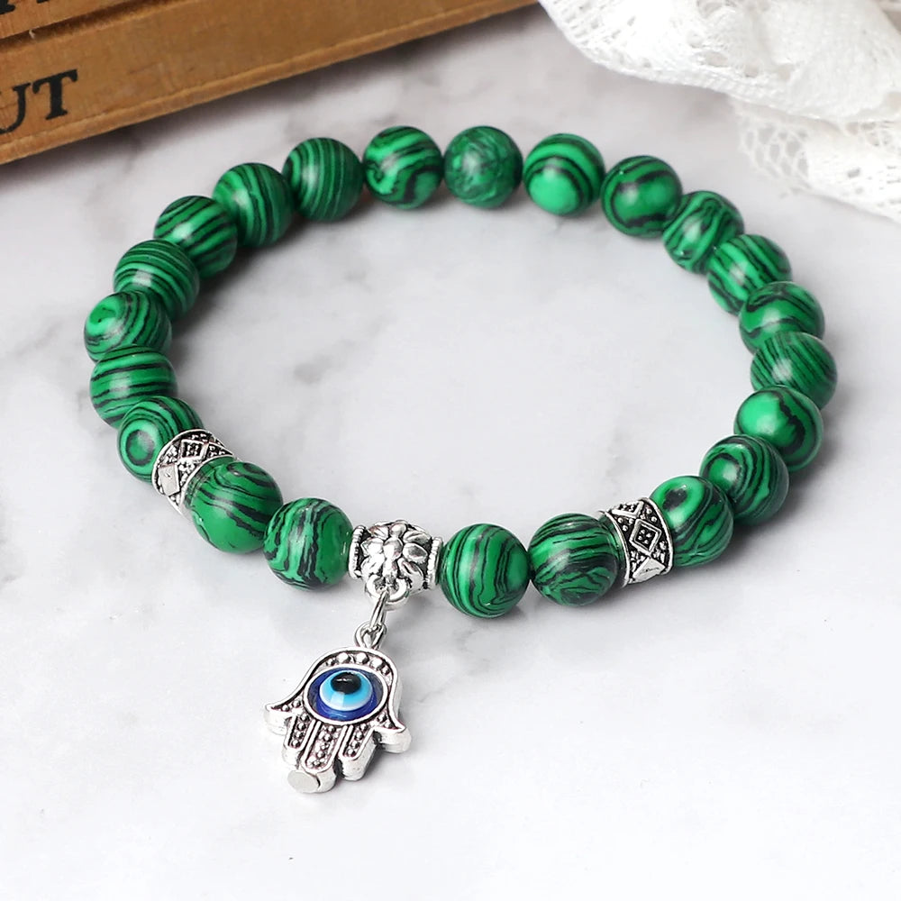 Hemasa Malachite Beads  Bracelet with  Evil Eye Pendant