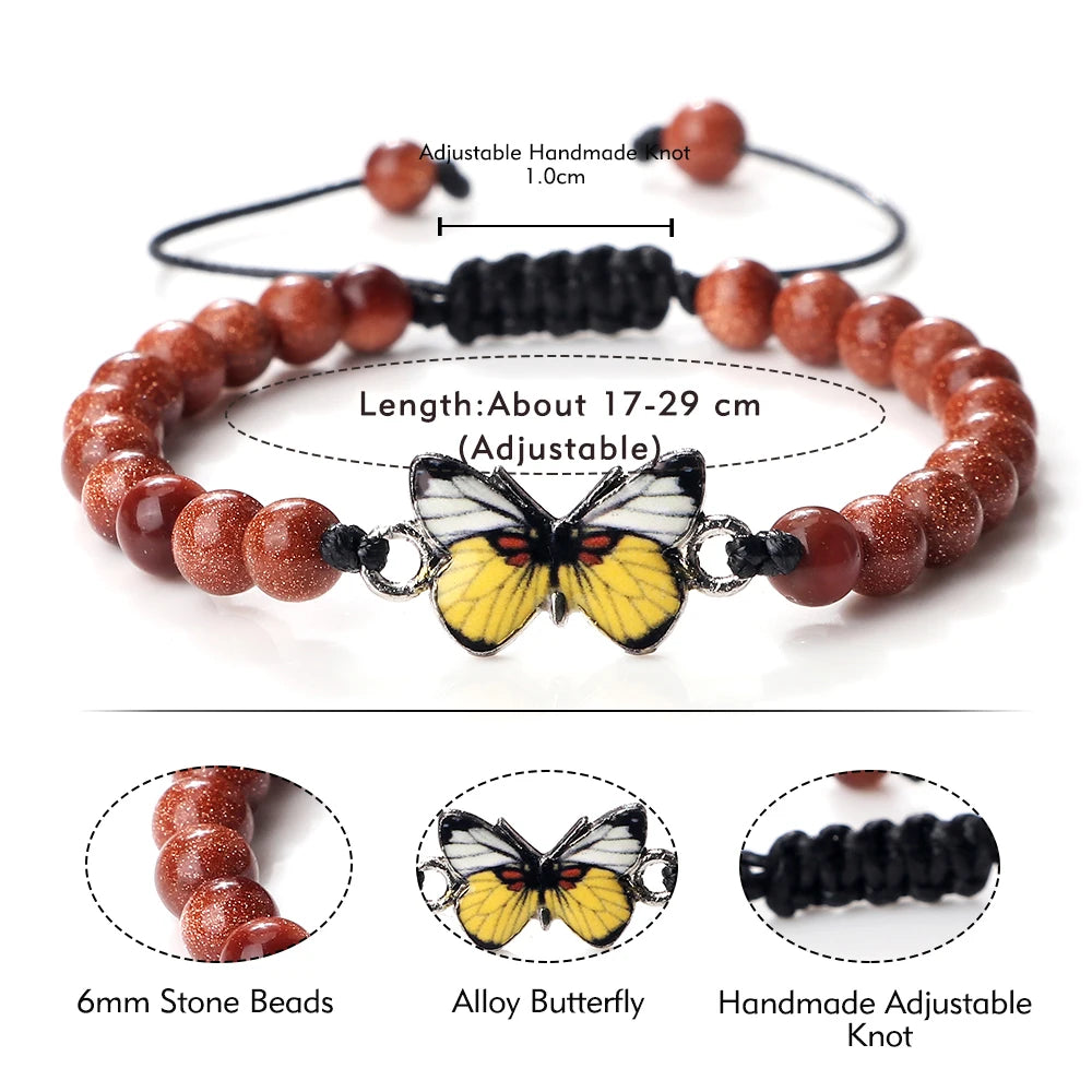 Vintage Natural Stone Agate Bracelets Charm Yellow Butterfly Adjustable Bangles Yoga Jewelry 6mm Black Lava Onyx Beads Bracelet