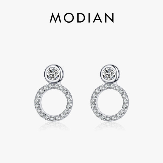 Modian 100% Real 925 Sterling Silver Classic Geometric Round Stud Earrings for Women Luxury Clear CZ Fine Female Wedding Jewelry