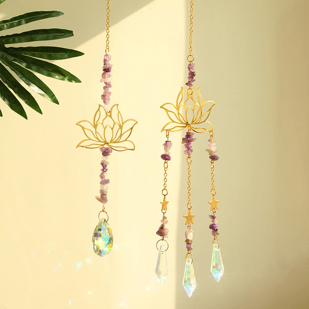 Hemasa 2Pcs Suncatcher Amethyst Lotus Decor Natural Stone Reiki Sun Catcher Window Crystal Prism