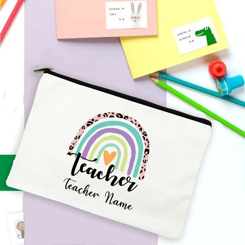 Rainbow Teacher Print Custom Name Personalized Supplies Storage Bags Travel Wash Pouch Makeup Bag Gifts Stationery Pencil Case