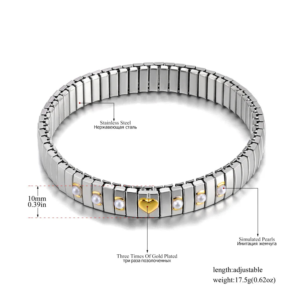 Tejesa Gold Plated Stainless Steel Elasticity Chain Bracelet with Simulated Pearl Heart Design (Color 4)