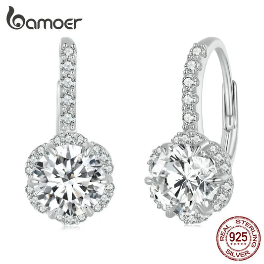 Bamoer 1CT Moissanite Ear Buckles 925 Sterling Silver Hoop Earrings for Women D Color VVS1 EX Lab Diamond Wedding Jewelry
