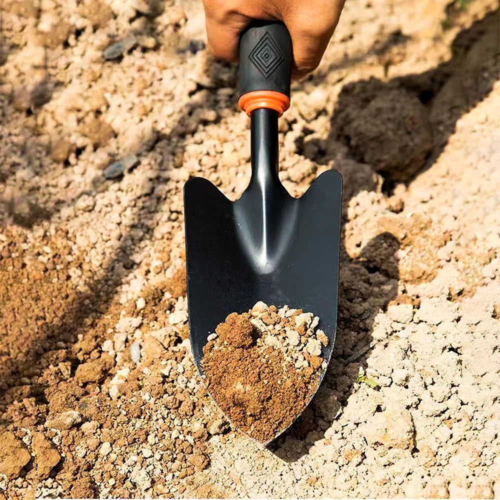Metal Garden Trowel with Ergonomic Black Handle and Orange Trim - Perfect Tool for Planting Flowers and Vegetables