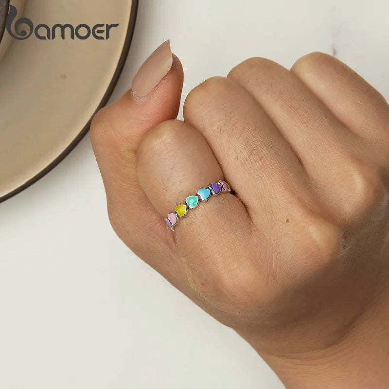 BAMOER 925 Sterling Silver Cute Rainbow Heart Finger Ring for Women Stackable Silver Ring with Mini Hearts Trendy Jewelry SCR444