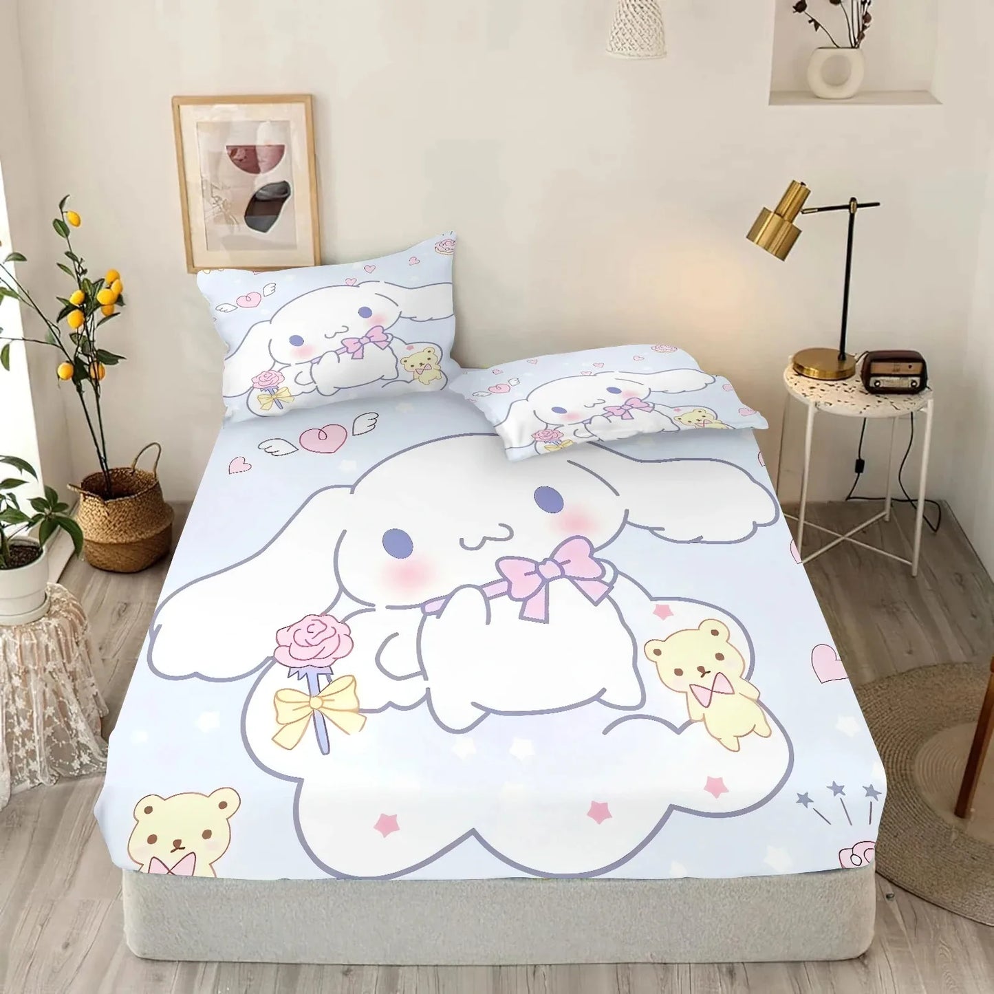 Cinnamoroll BedSheet With Pillowcase,Single/Queen/King Fitted Sheet,Girl Boy Adult Fitted Sheet with Elastic Band,Birthday Gifts