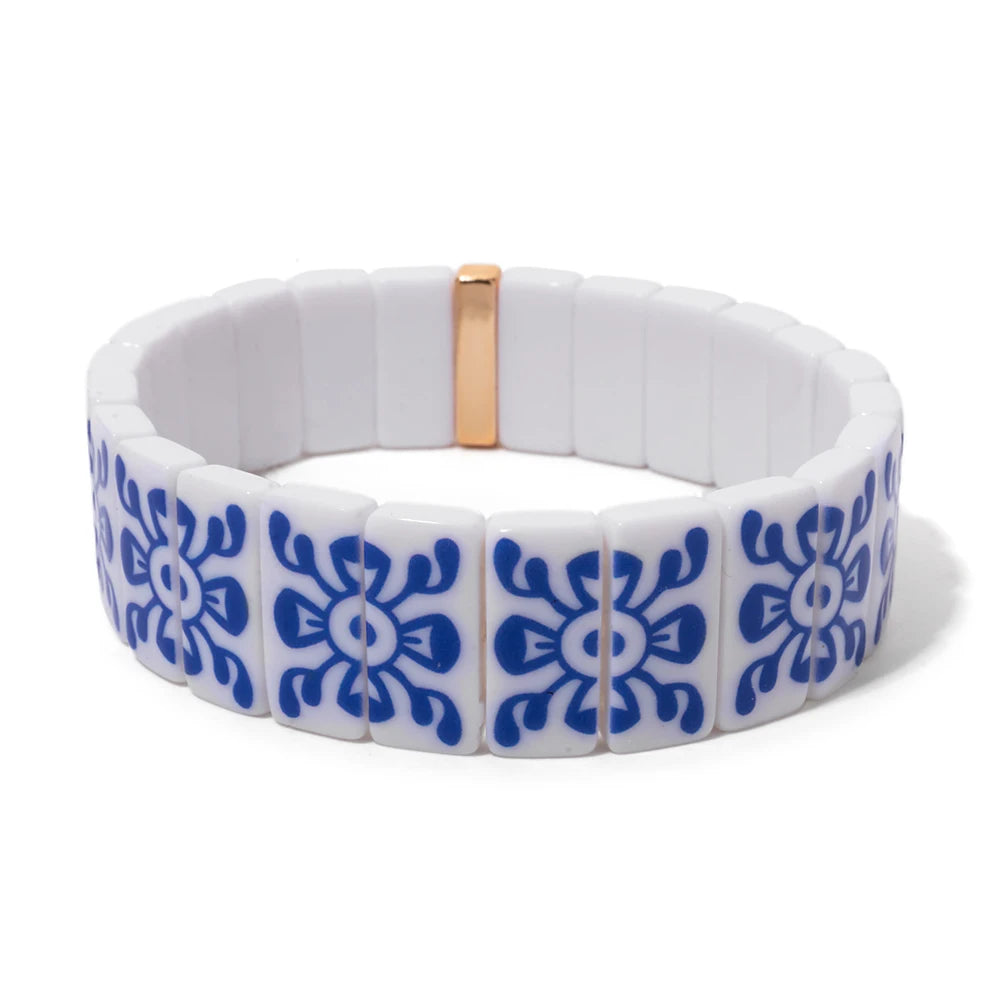 8x16mm Plastc Chinese Blue and White Porcelain Texture Beaded Bracelets For Women Handmade Spring Hand Accessory