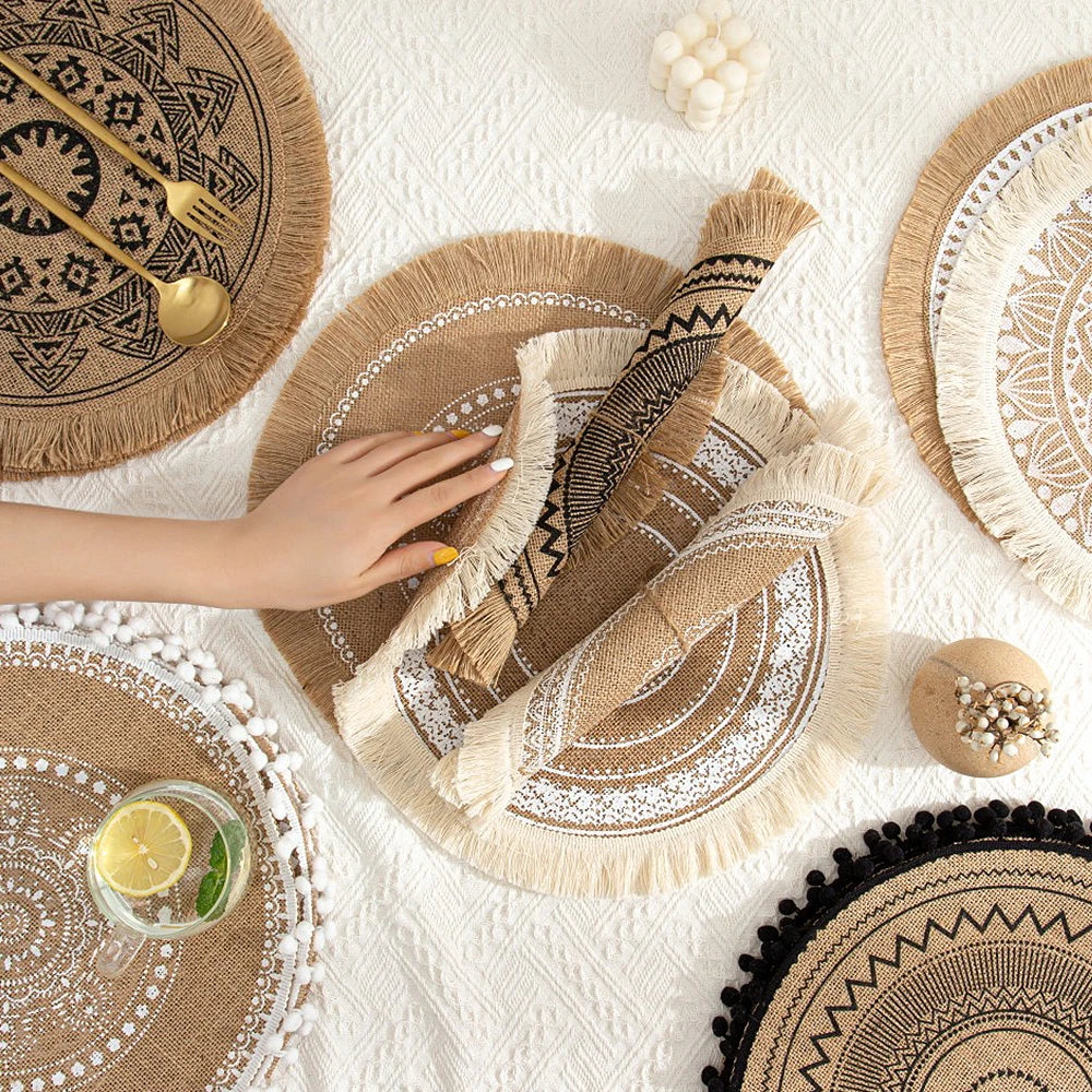 Hemasa Set of 4  Boho Style Woven Jute Cotton Round Placemat Exquisite Embroidery Tassels Table Mat Pad/ Tableware Coaster/ Party Decoration