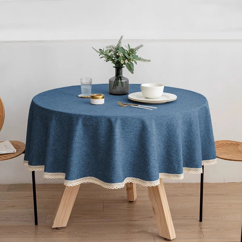 Tejesa Round Solid Color Faux Linen Tablecloth with Lace Trim-Waterproof/Spill Proof/Stain Resistant/Oil Proof-for Banquet,Parties