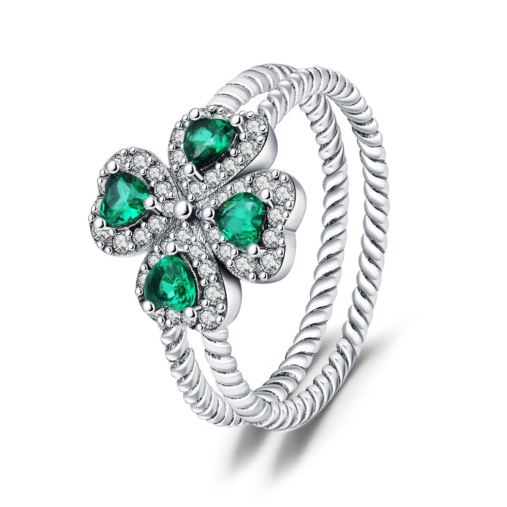 925 Sterling Silver Ring Women's Cubic Zirconia Lucky Clover Multi Layer Ring Wedding Ring Aesthetic Jewelry Gift