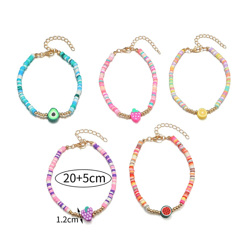 Hemasa 5Pcs/set Polymer Clay Fruit Charm Handmade Anklet for Teens Girls Women Bracelet Friendship Party Birthday Jewelry Gifts