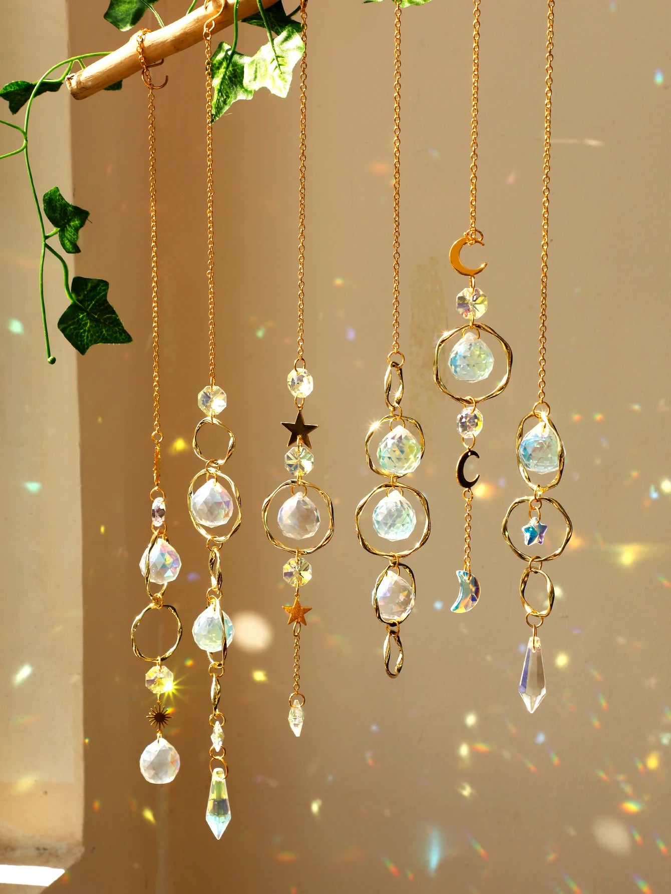 Hemasa Hanging Ornaments Boho Sun Catcher Handmade Art Crystal Sun Catchers with Gold Chain for Window/ Wall or Garden Decor Wind Chimes