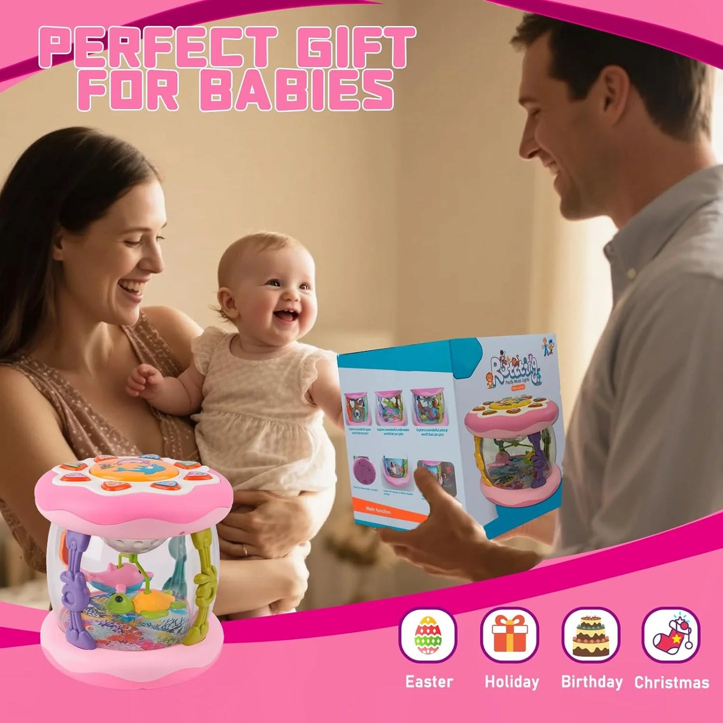 Interactive Music Light Roller 360° Rotating Lights Promote Baby Learn to Walk Grasping and Crawling Toy