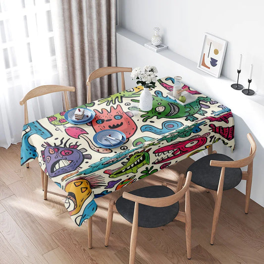 Colorful Cartoon Monsters Print Tablecloth for Home Decoration Decorative Kitchen Linen in Multicolor Size 150cm×230cm with Set