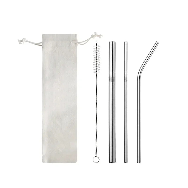 Metal Reusable 304 Stainless Steel Straws Straight Bent Drinking Straw With Case Cleaning Brush Set Party Bar accessory