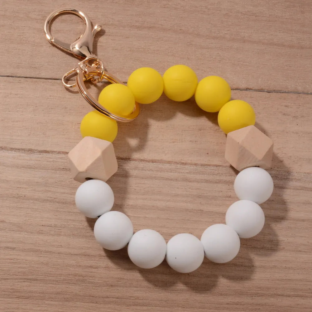 New Design Luxury Camouflage Silicone Bead Wrist Keychain Women Wood Bead Bracelet Keyrain For Car Keys Bag Pendant Friends Gift